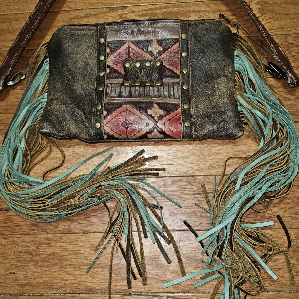 Western Brown and Teal Crossbody Bag with Fringe - Picture 2 of 10